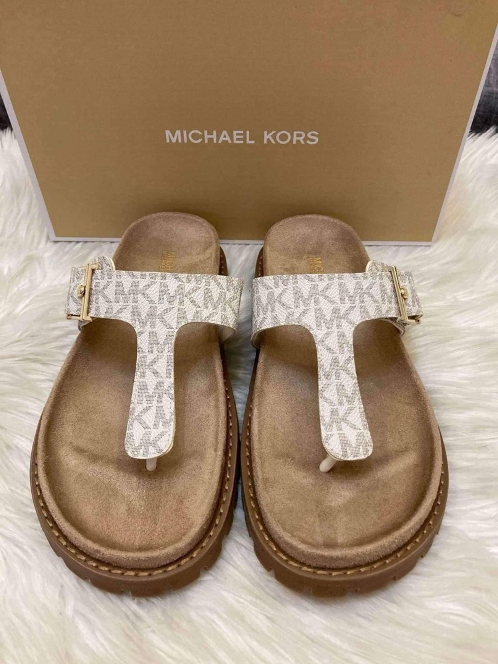 Michael Kors Easton White Logo T-Strap Platform Sandals